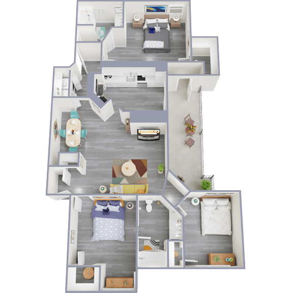 A 3D floor plan of a house with two bedrooms, a living room, a kitchen, and a bathroom.
