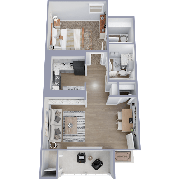 A 3D floor plan of a small apartment with a living room, kitchen, and bedroom.