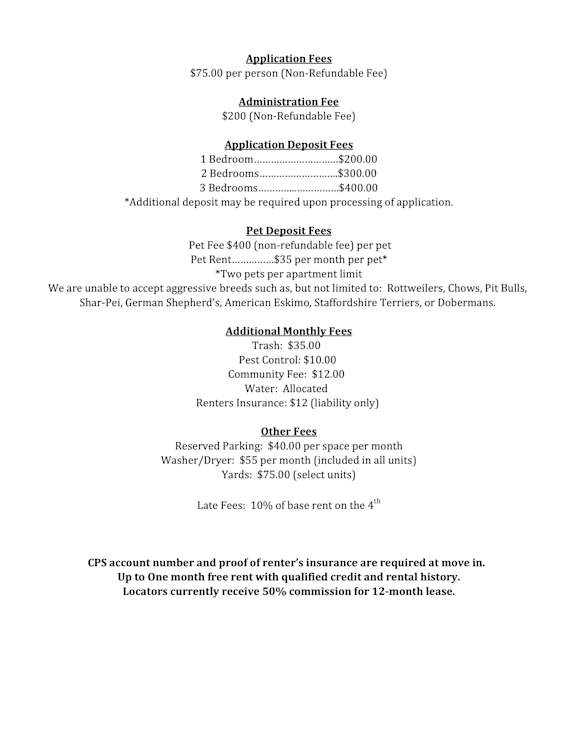 A document outlining various fees related to housing and utilities.