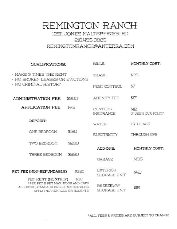 A flyer for Remington Ranch with information on qualifications, bills, and monthly costs.