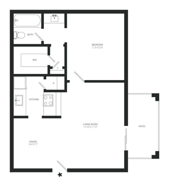A black and white floor plan of a house with a bedroom, bathroom, kitchen, dining area, and living room.