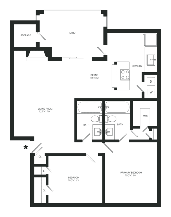 A black and white floor plan of a house with labeled rooms.