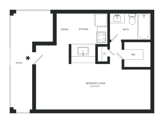 A black and white floor plan of a home with a patio.