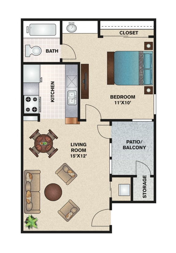 A - 1 Bedroom 1 Bath 493 Sq. Ft. Floor Plan at Trinity Village Apartments, Texas