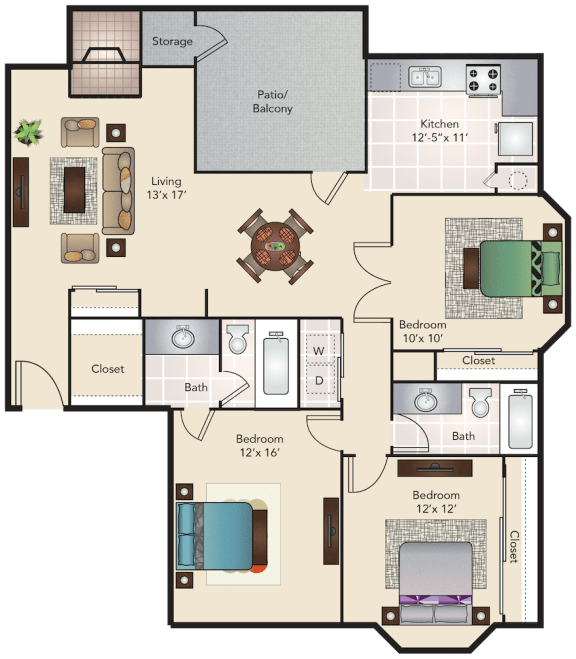Floor Plan  B2 | 1,277 SQ FT | 3 BED / 2 BATH at Woodchase, Euless, Texas