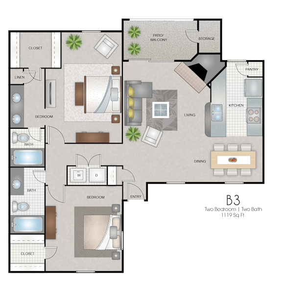 A floor plan of a B3 sized room with a kitchen, living room, dining room, and two bedrooms.