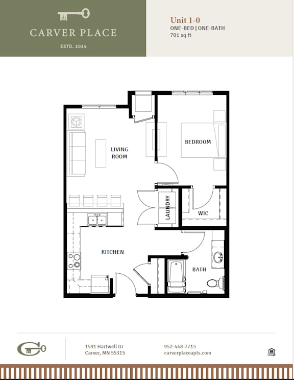 A floor plan for a one-bedroom, one-bath apartment at Carver Place.