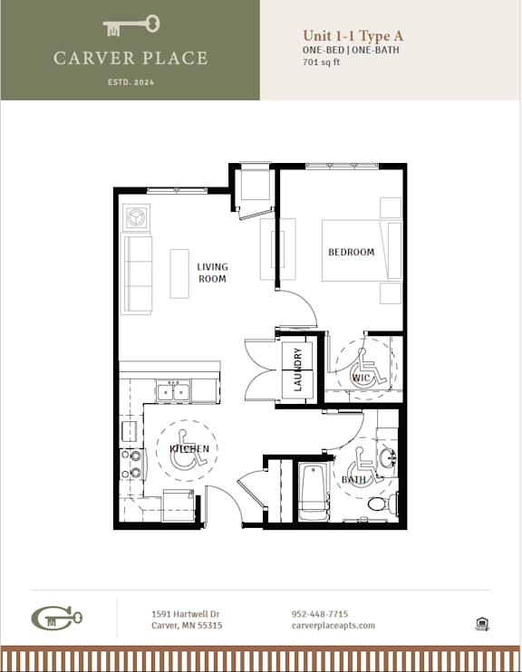 A floor plan for a one-bedroom, one-bath apartment at Carver Place.