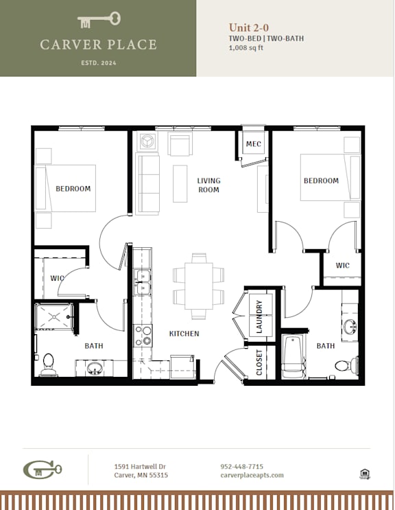 A floor plan for a two-bedroom, two-bathroom apartment at Carver Place.
