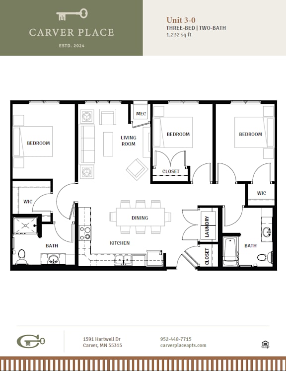 A floor plan for a three-bedroom, two-bathroom apartment.