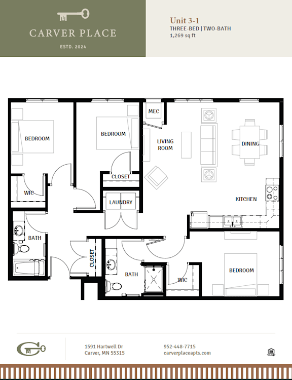 A floor plan for a three-bedroom, two-bathroom apartment at Carver Place.