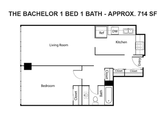 A floor plan of a Bachelor 1 Bed 1 Bath apartment.