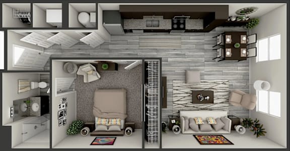 A 3D rendered image of a modern living room and kitchen.