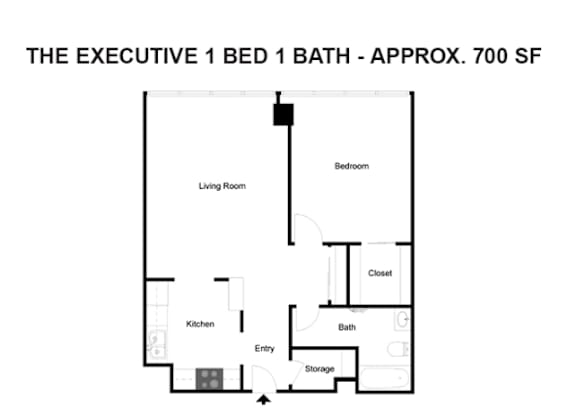 A floor plan of an executive 1 bed 1 bath apartment.