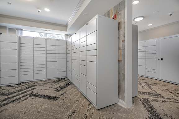 A room with a row of white closets and a carpeted floor.