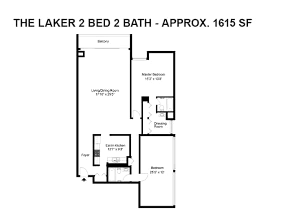 A floor plan of a 2 bedroom, 2 bathroom apartment.