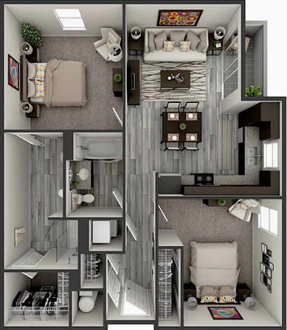A 3D floor plan of a small apartment with a bedroom, living room, kitchen, and bathroom.