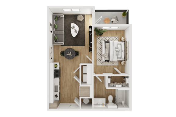 A small apartment with a bedroom, living room, and kitchen area.