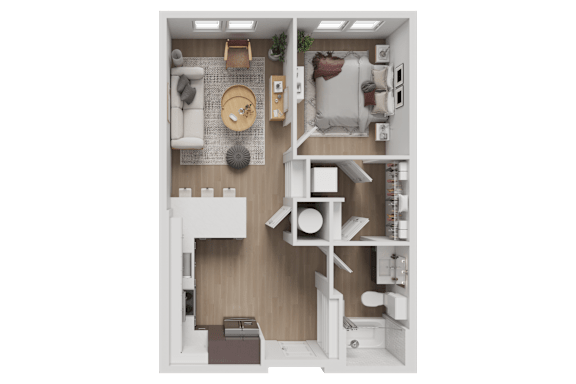 A 3D floor plan of a small apartment with a kitchen, living room, and bathroom.