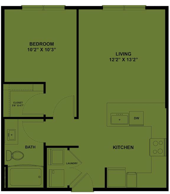 A floor plan of a small apartment with a bedroom, living room, kitchen, bathroom, and laundry area.