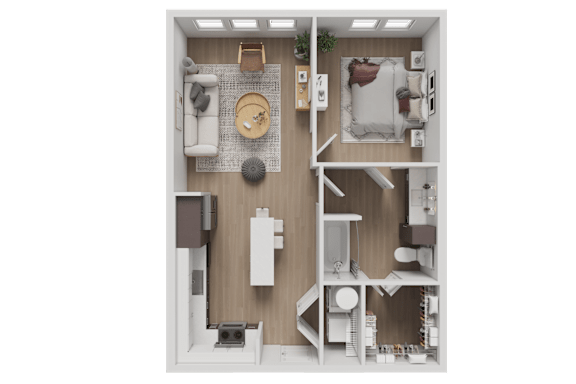 A top-down view of a small, neatly organized apartment with a kitchen, living room, and bedroom.