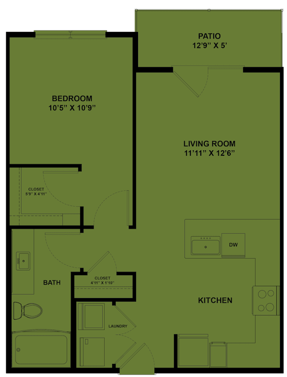 A floor plan of a house with a patio, bedroom, living room, kitchen, bath, and laundry area.