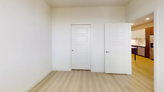 A room with two white doors and a wooden floor.