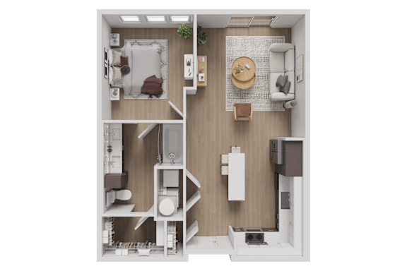 A detailed 3D floor plan of a modern apartment.