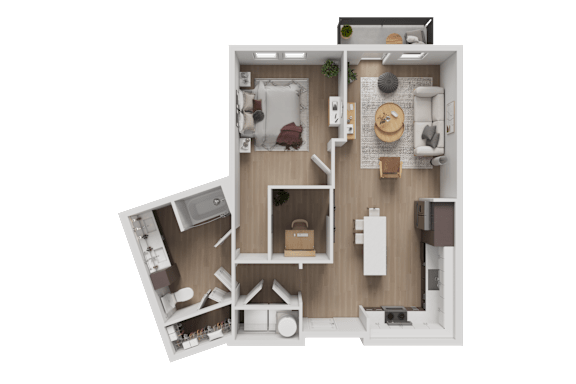 A 3D floor plan of a house with a kitchen, living room, and two bedrooms.