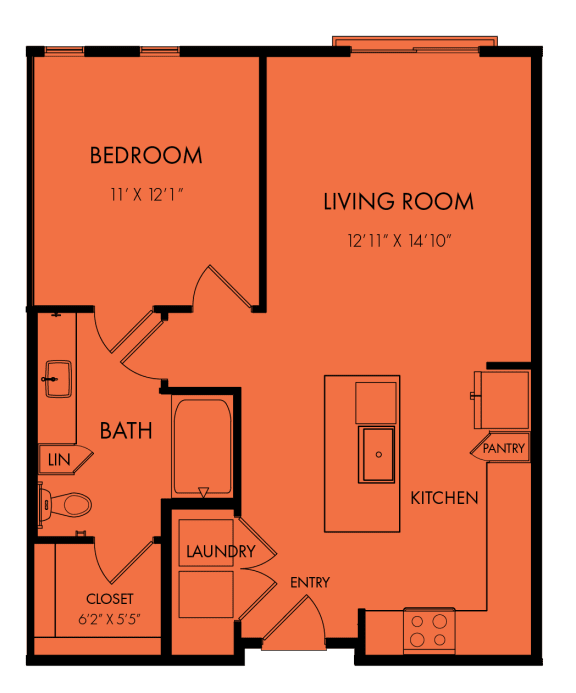 One bedroom apartment floor plan with laundry at Bridge at Windsor Park Apartments, Texas