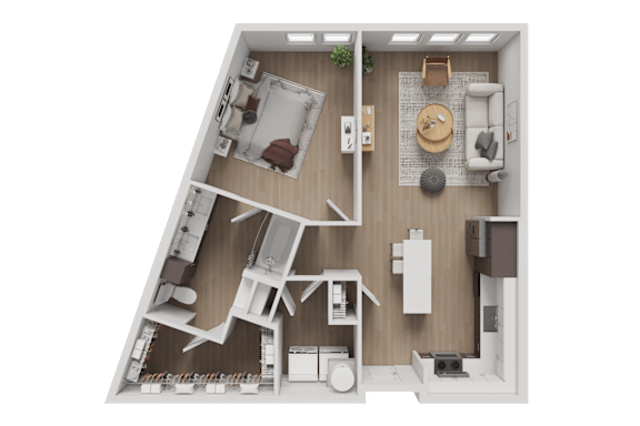 A top-down view of a small apartment layout with a kitchen, living room, and bedroom.