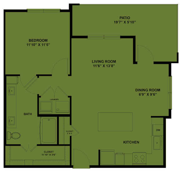 A floor plan of a house with a patio, bedroom, living room, dining room, kitchen, bath, and closet.