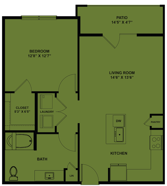A floor plan of a house with a bedroom, bath, pantry, and living room.