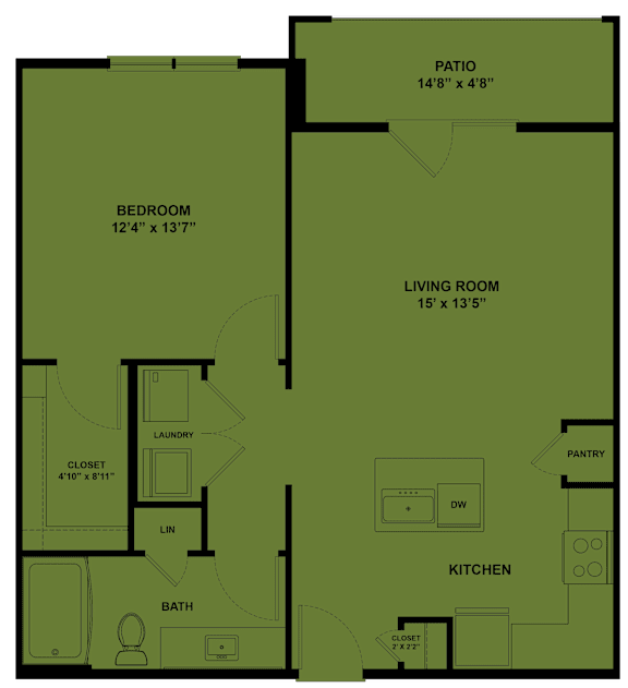 A floor plan of a house with a bedroom, living room, kitchen, bath, and closet.