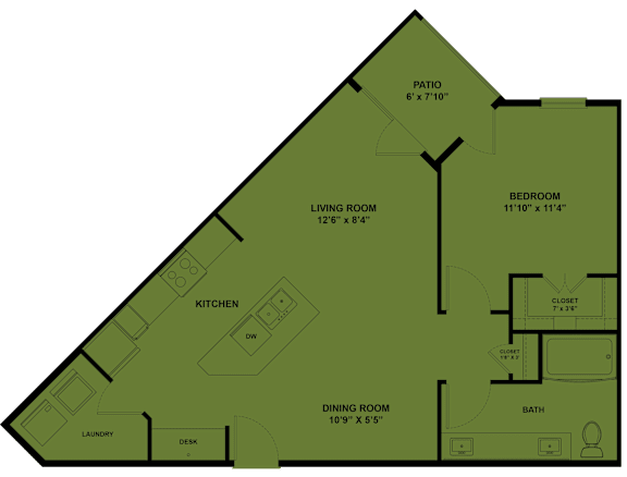 A floor plan of a house with a kitchen, living room, dining room, bedroom, bathroom, and laundry area.