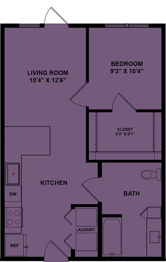A purple floor plan of a house with a living room, kitchen, bathroom, bedroom and laundry.