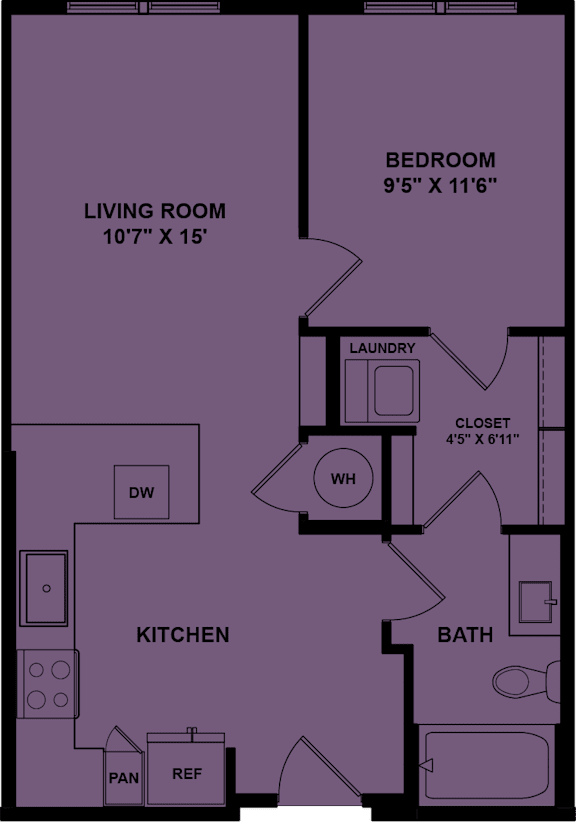 A purple floor plan of a house with a living room, kitchen, bathroom, and bedroom.