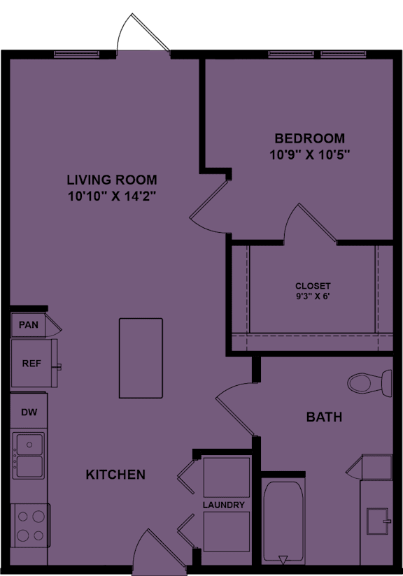 A purple floor plan of a house with a living room, kitchen, bath, and bedroom.