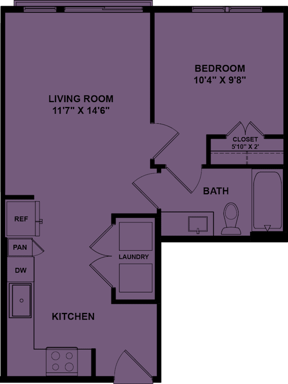 A floor plan of a room with a living room, kitchen, bathroom, and bedroom.