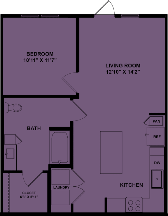 A floor plan of a room with a bedroom, living room, bath, kitchen, and closet.