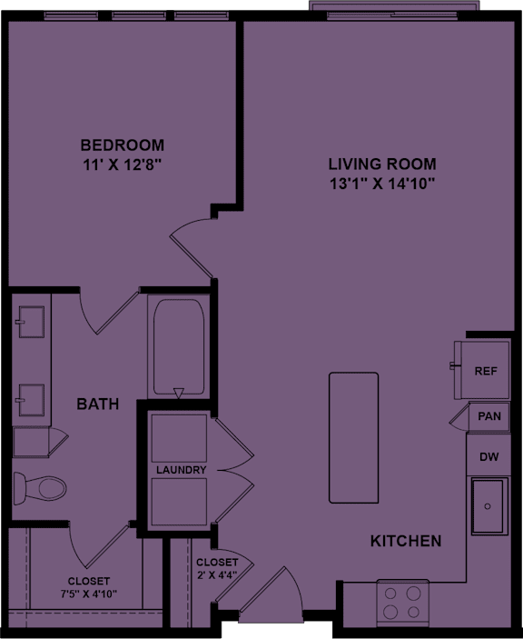 A purple floor plan of a house with a bedroom, living room, bathroom, laundry, kitchen, and closet.