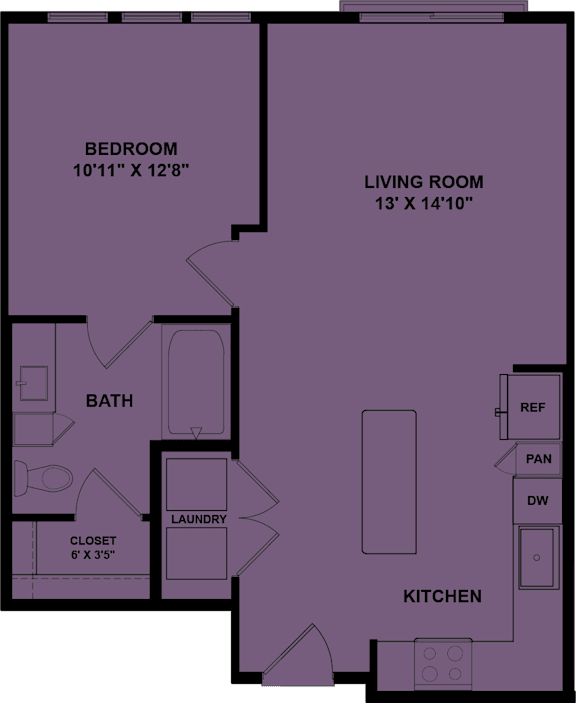 A floor plan of a room with a bedroom, living room, bath, laundry, closet, and kitchen.