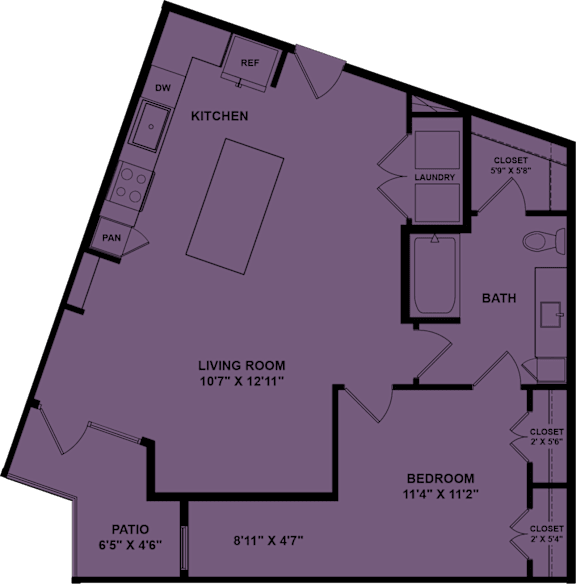 A purple floor plan of a house with a living room, kitchen, and bathroom.
