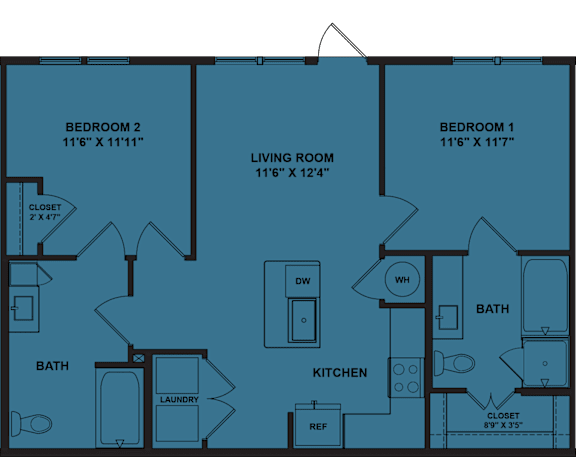 A blueprint of a house layout with three bedrooms, a living room, a kitchen, a bath, and a laundry area.