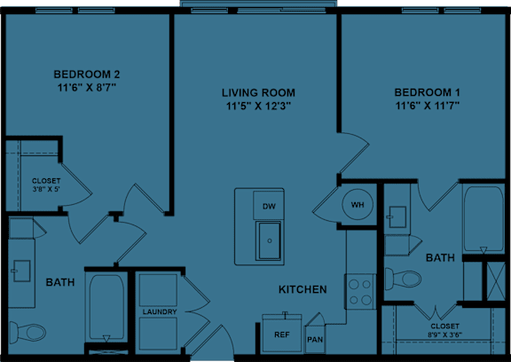 A floor plan of a house with three bedrooms and a laundry room.