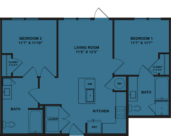 A blueprint of a house layout with two bedrooms, a living room, a kitchen, a bath, and a laundry area.