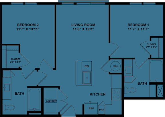 A floor plan of a house with three bedrooms and a living room.