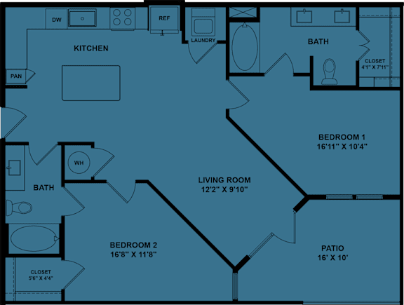 A blueprint of a house layout with labeled rooms and dimensions.