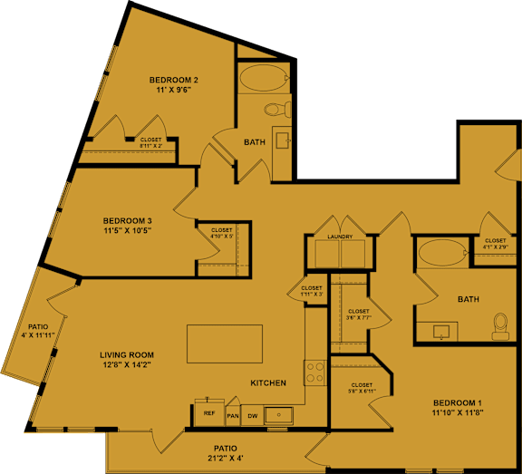 A floor plan of a house with four bedrooms, a living room, a kitchen, a bath, and a laundry area.