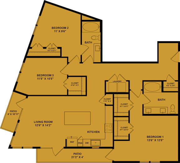 A floor plan of a house with four bedrooms, a living room, a kitchen, a bath, and two patios.